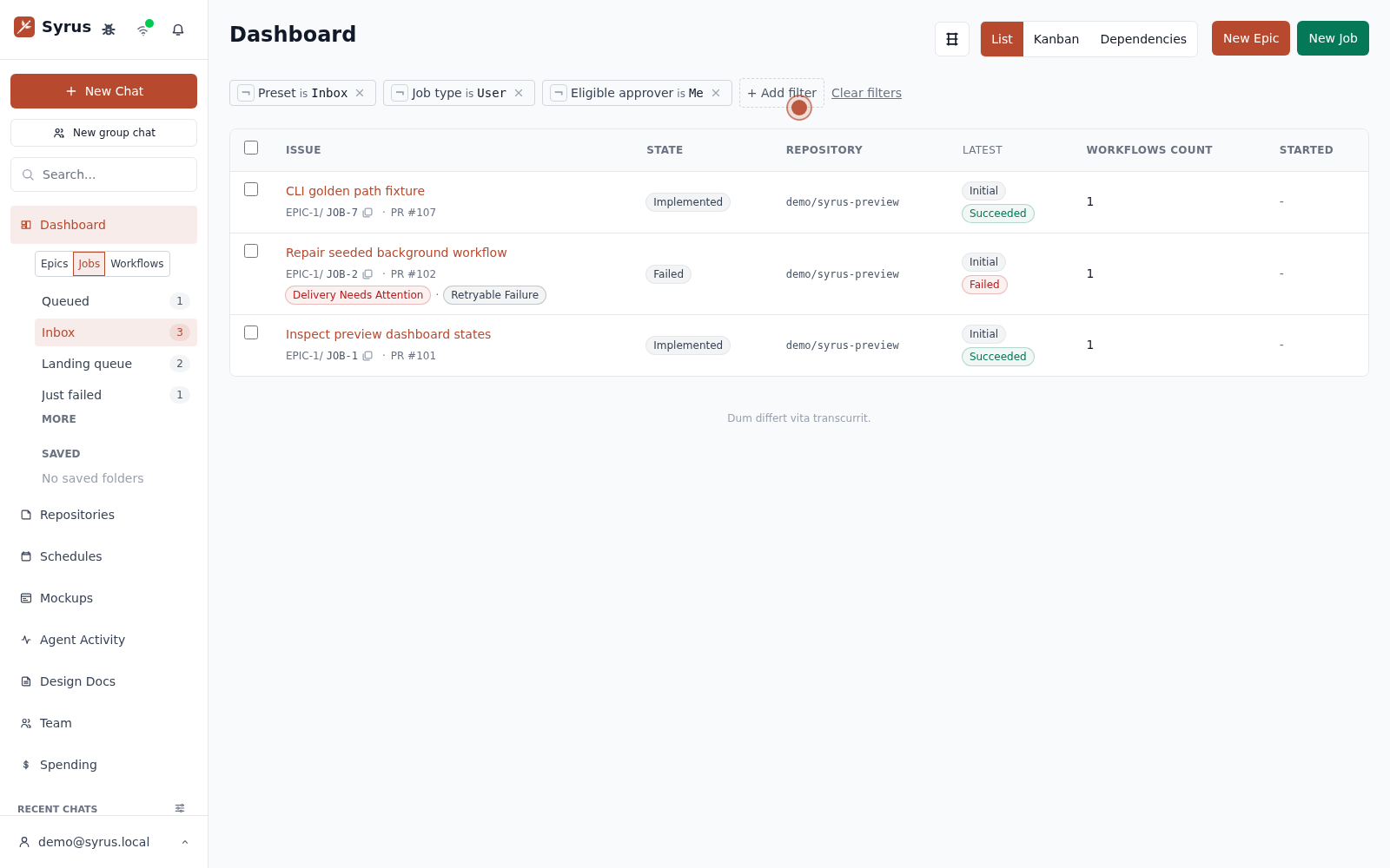 A Syrus dashboard list showing Jobs, workflow status, filters, and review state.