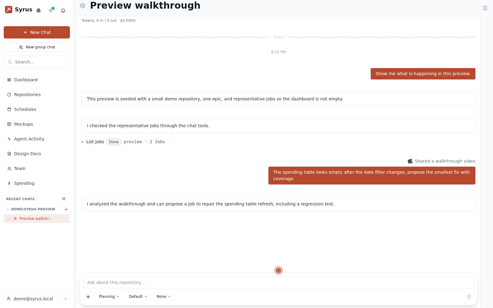 A Syrus chat view showing a narrated screen recording analyzed into a draft Job.