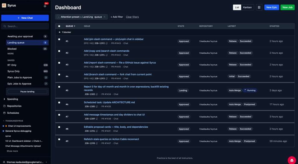 The Syrus dashboard turning GitHub issues into pull requests.